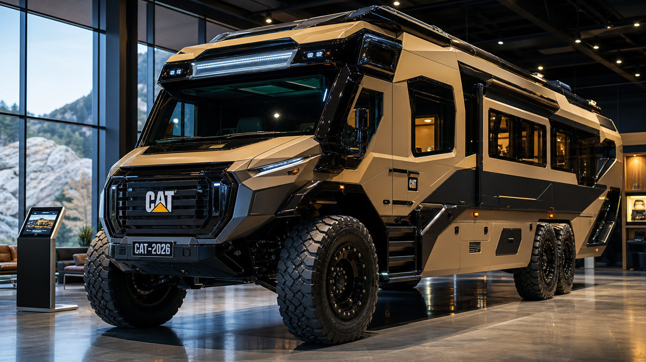 Veículo off-road grande modelo CAT 2026 em exposição, com carroceria bege e preta e pneus robustos.