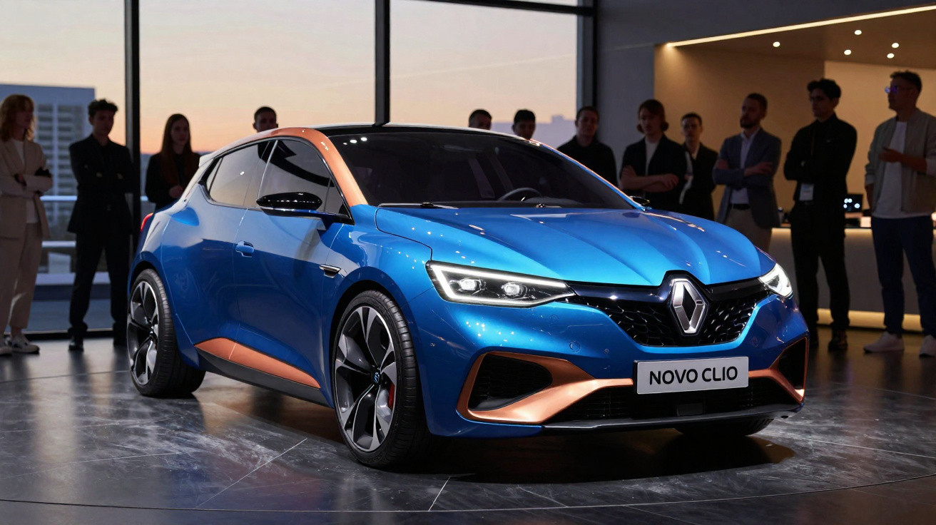 Renault Novo Clio azul com detalhes laranja em salão, rodeado por pessoas observando o carro.