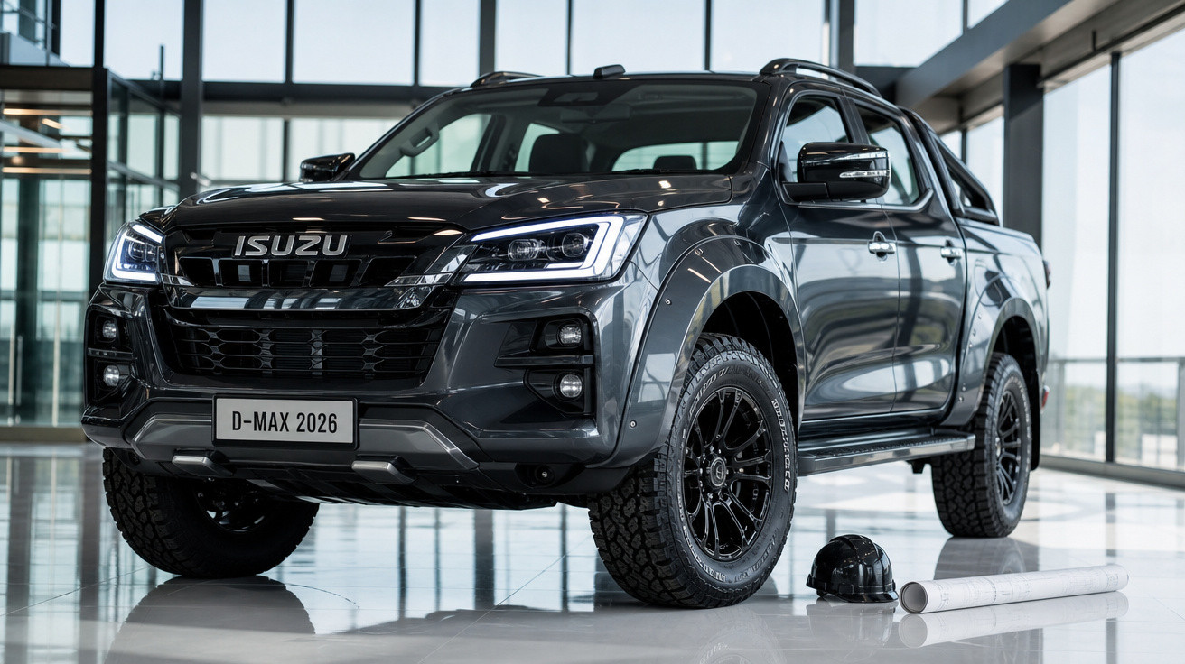 Picape preta Isuzu D-Max 2026 em exposição interna com capacete e planta ao lado.