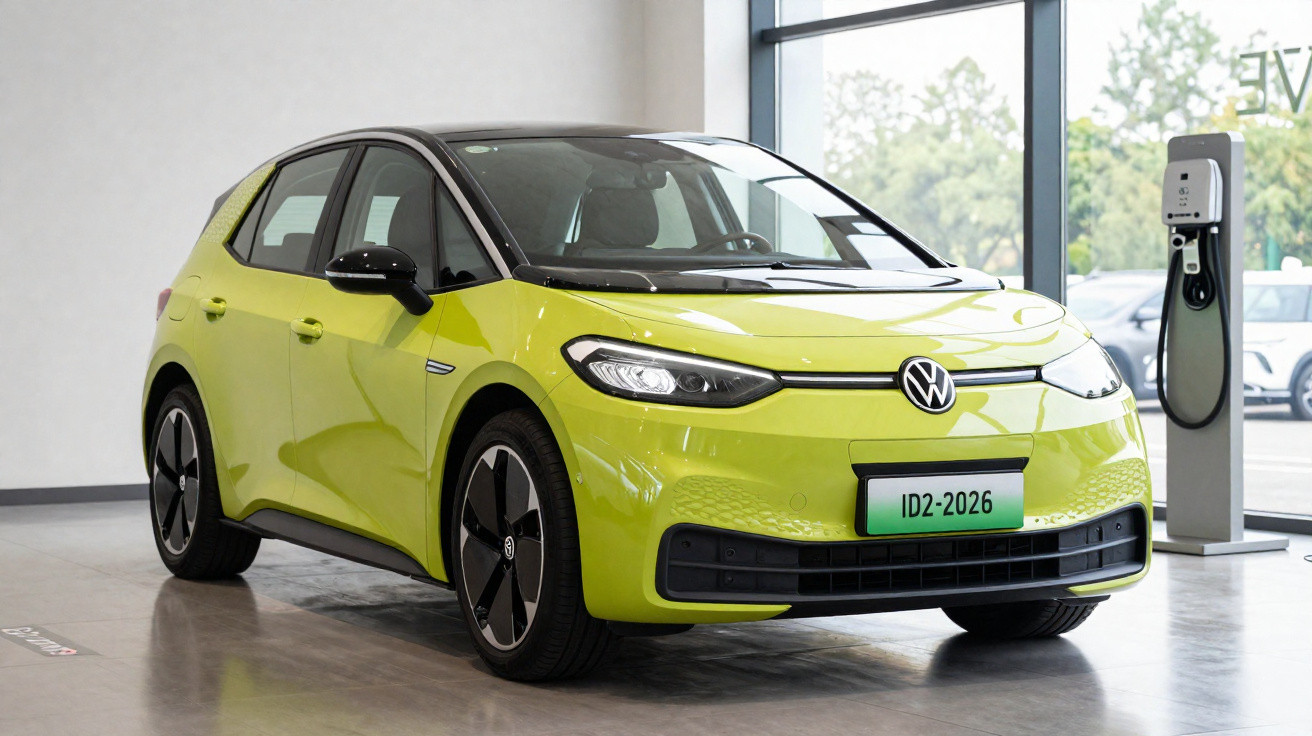 Carro elétrico Volkswagen ID.2 2026 verde limão estacionado em showroom ao lado de carregador.