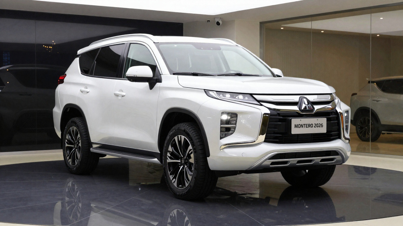 SUV branco Mitsubishi Montero 2026 exibido em showroom com iluminação ambiente e piso reflexivo.