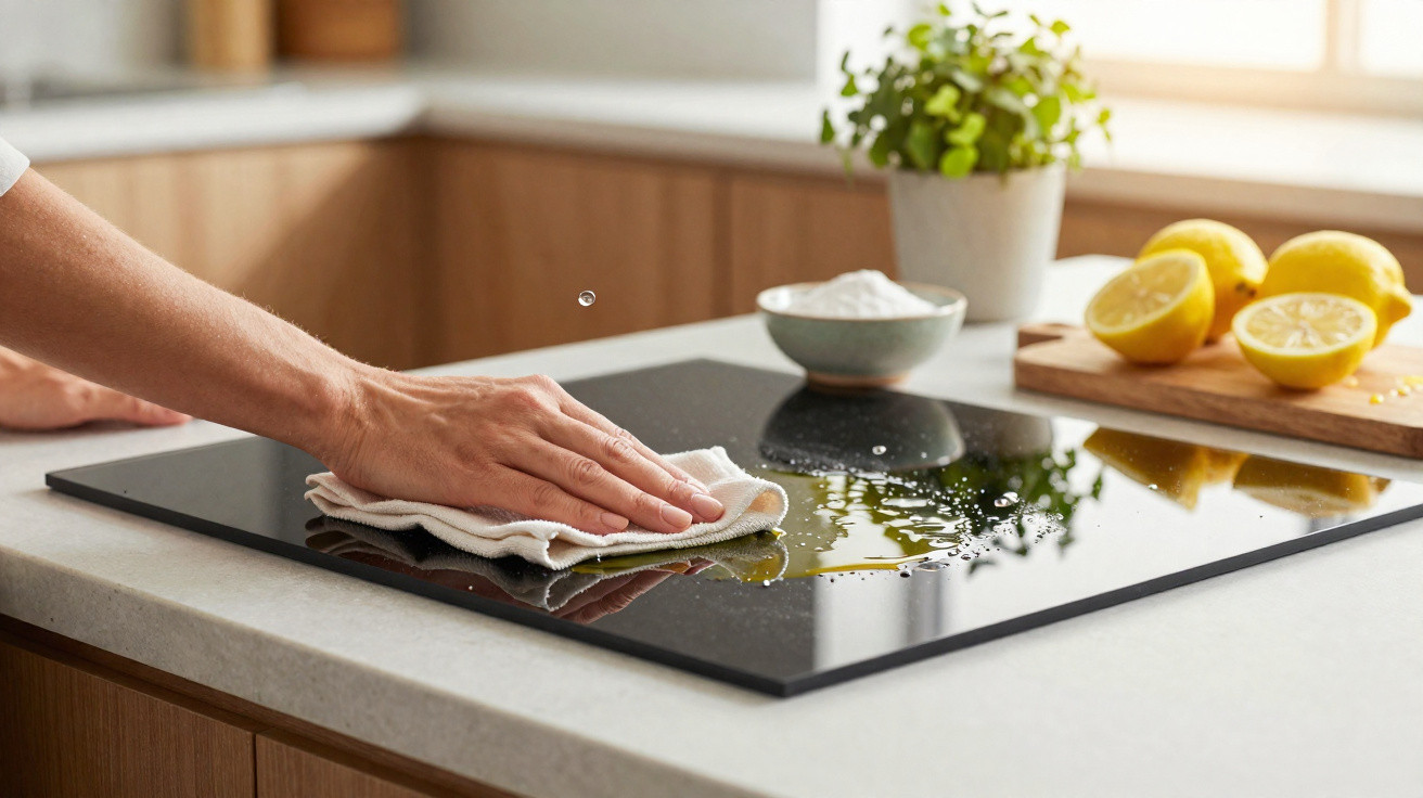 Mão limpando fogão moderno preto com pano branco, ao fundo limões cortados e planta em cozinha iluminada.