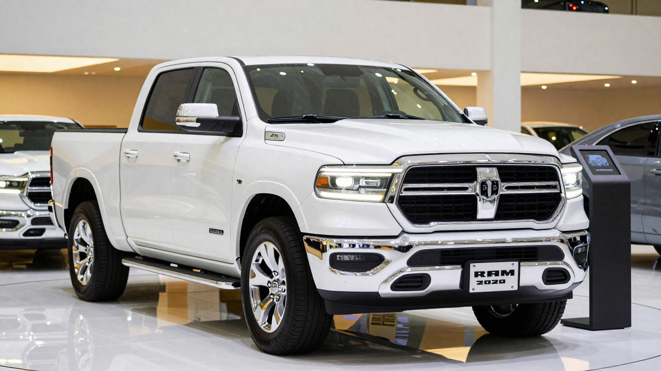 Picape branca RAM 2020 exibida em showroom moderno e iluminado.