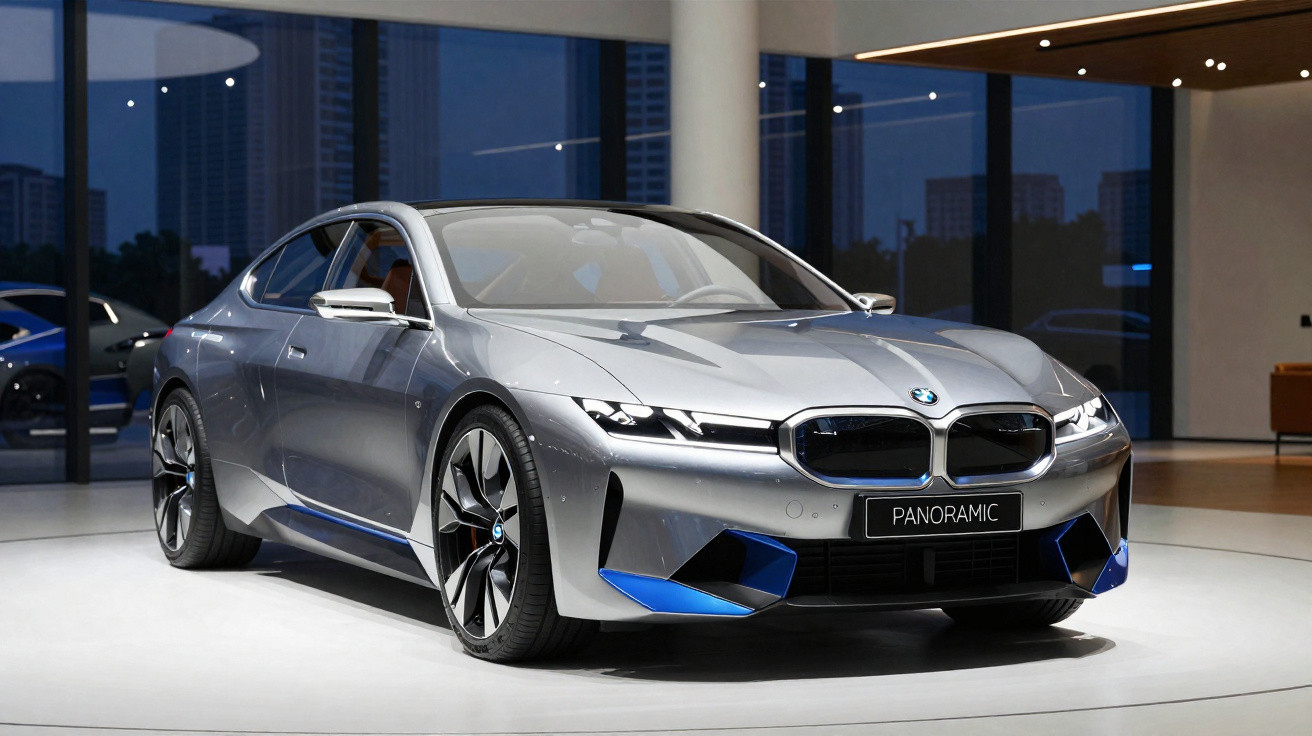 Carro esportivo BMW cinza prateado exibido em estande moderno com iluminação interna.