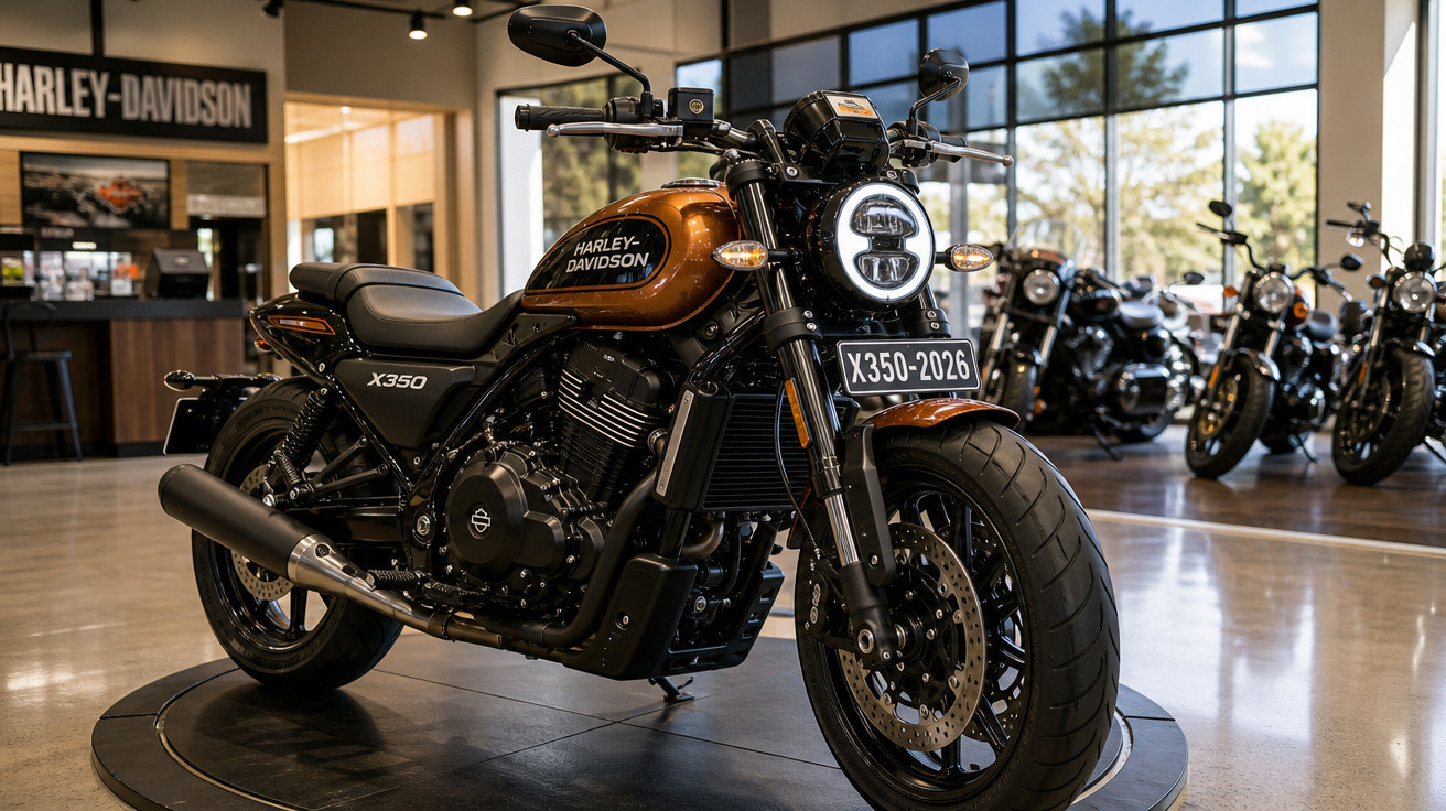 Motocicleta Harley-Davidson X350 marrom exposta em showroom com várias motos ao fundo.