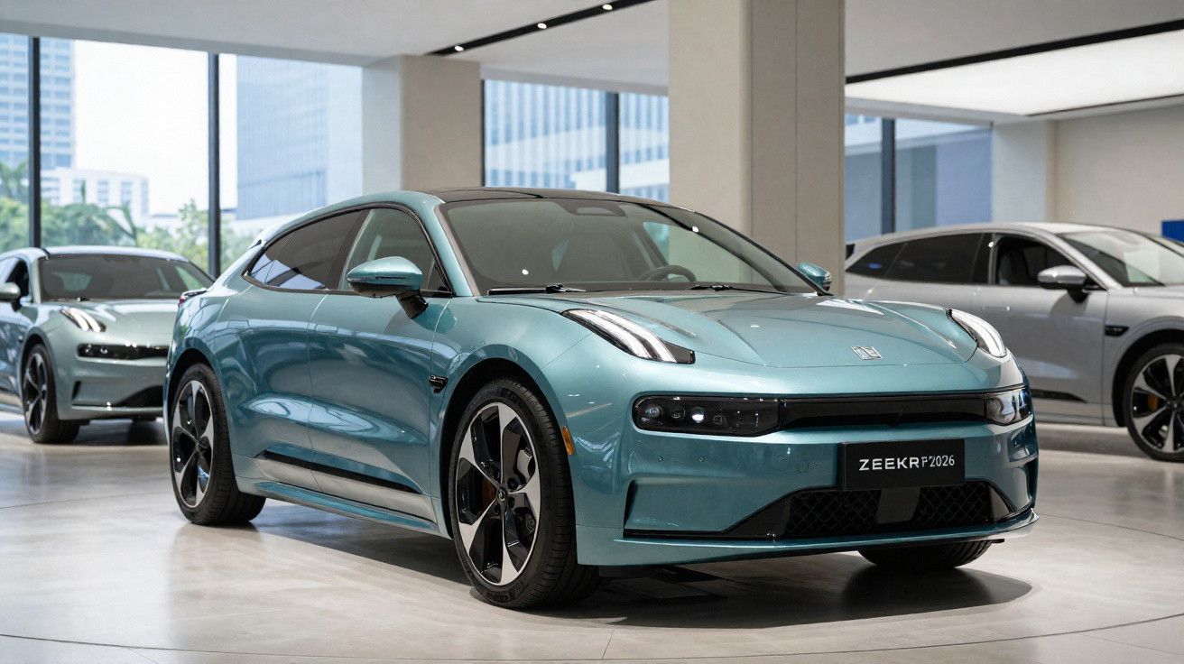 Carro elétrico Zeekr 001 azul exibido em showroom moderno, com design aerodinâmico e rodas grandes.