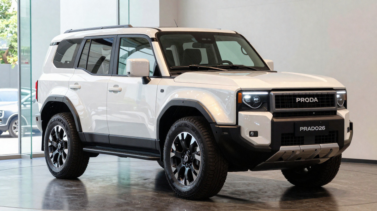 Carro SUV branco modelo Proda Prado26 estacionado em ambiente interno com piso cinza.