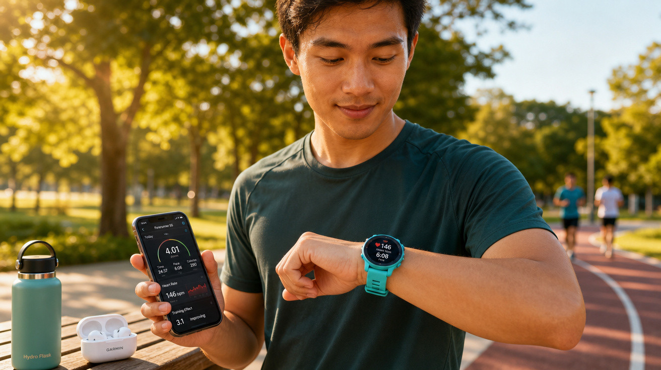 Homem conferindo dados de corrida em smartwatch e celular em pista de corrida ao ar livre.