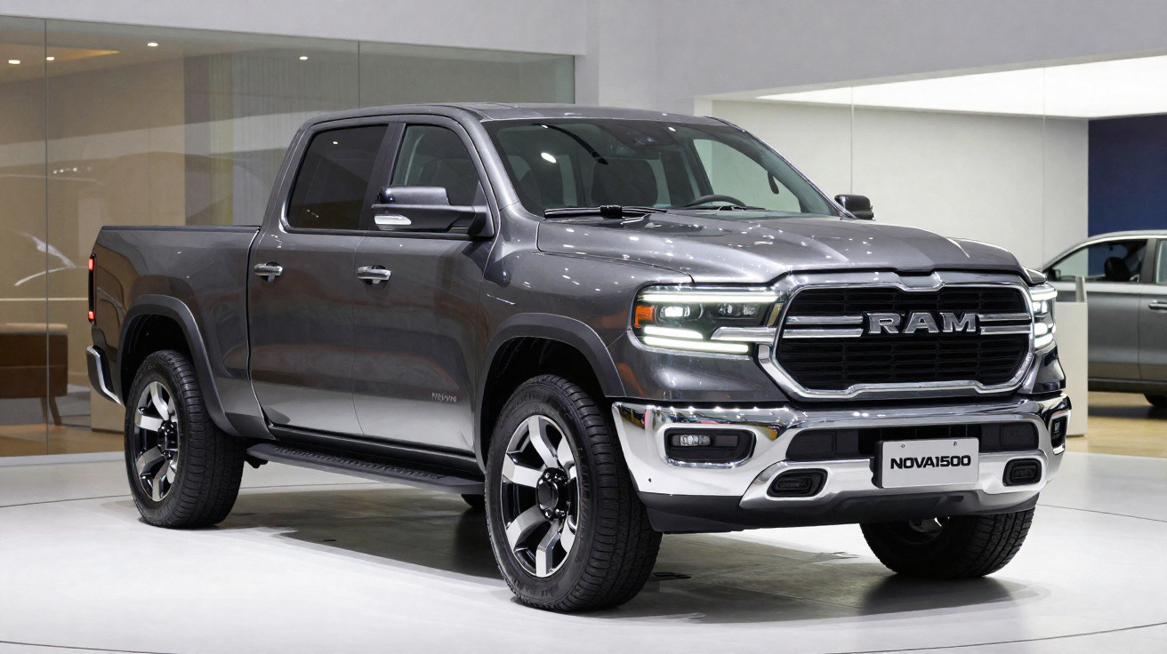 Picape RAM 1500 cinza escuro exibida em showroom moderno com detalhes cromados e rodas robustas.