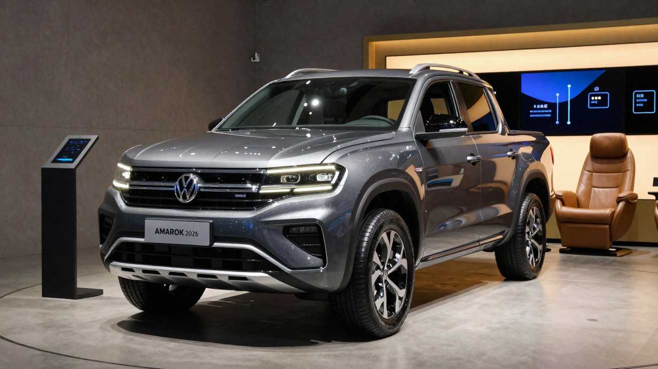 Picape Volkswagen Amarok 2025 cinza exibida em showroom com iluminação interna moderna.