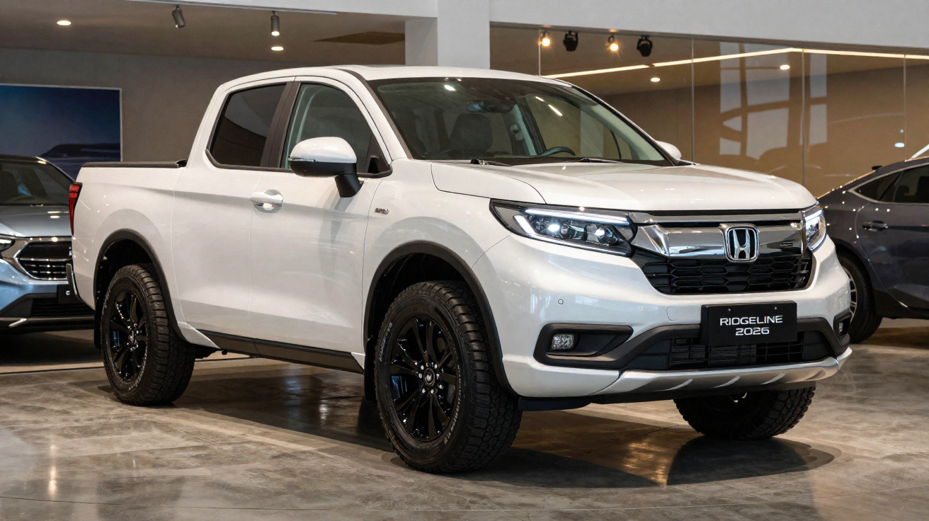 Picape Honda Ridgeline 2026 branca exibida em showroom com rodas pretas e faróis acesos.