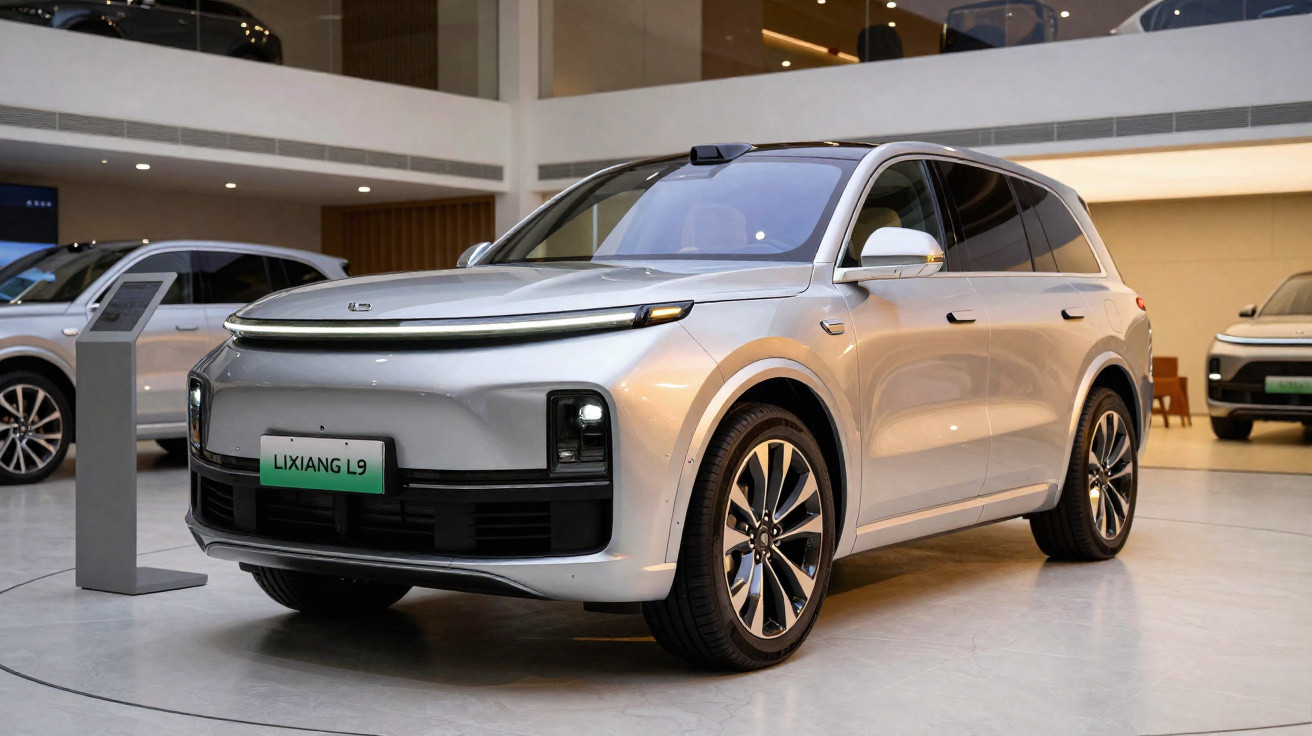SUV elétrico prata Lixiang L9 em exposição moderna em ambiente interno.