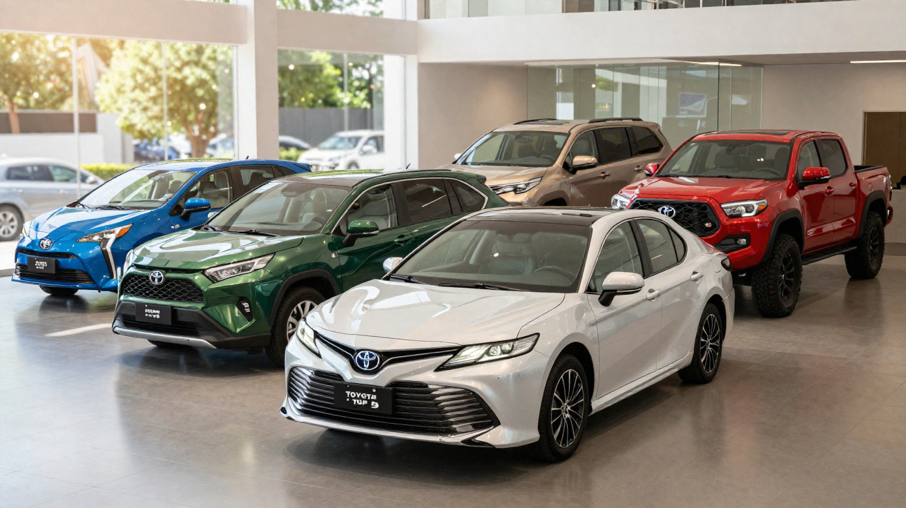 Concessionária com cinco carros Toyota novos em exposição, incluindo sedã, SUV e picape em cores variadas.