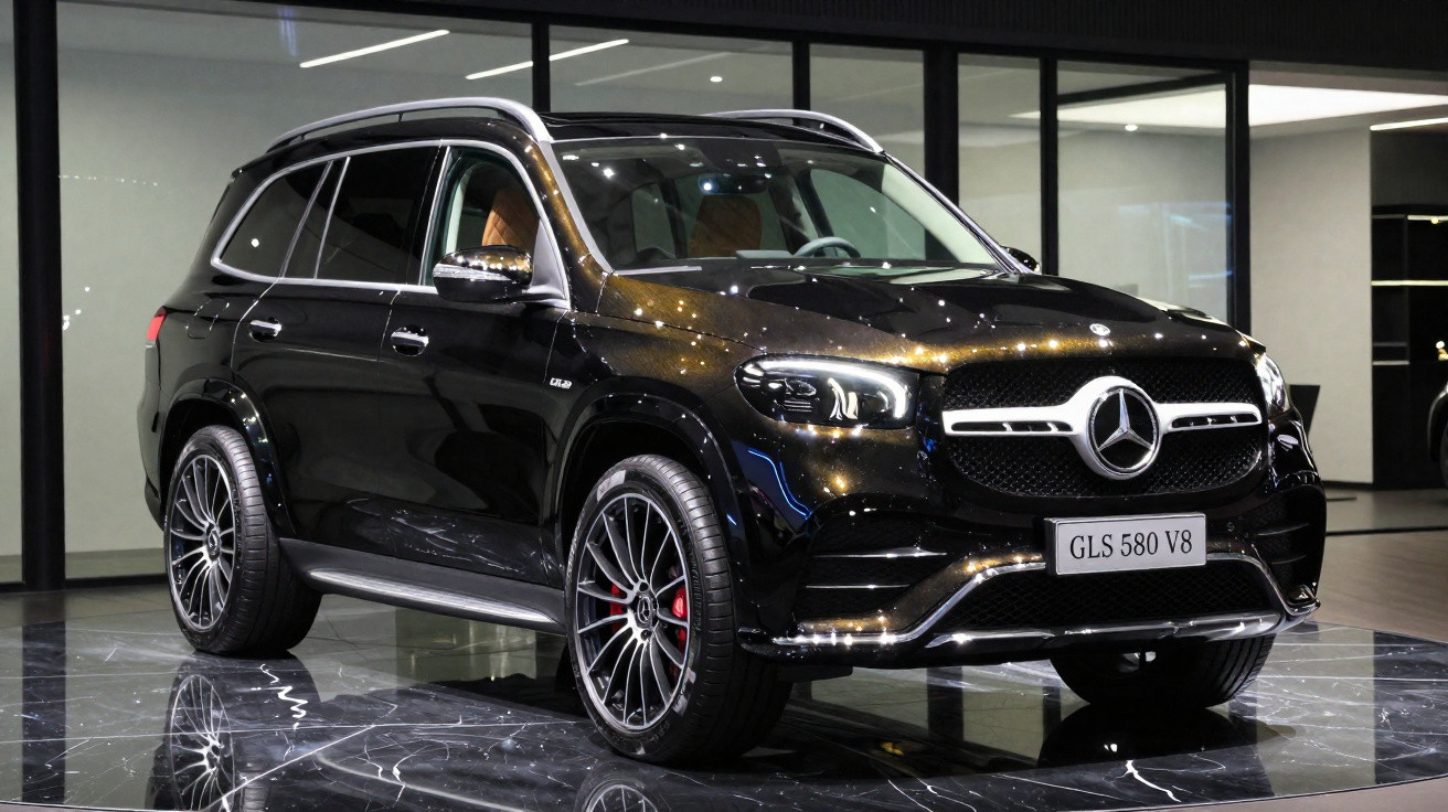 SUV preto Mercedes-Benz GLS 580 V8 em ambiente interno com piso de mármore escuro.