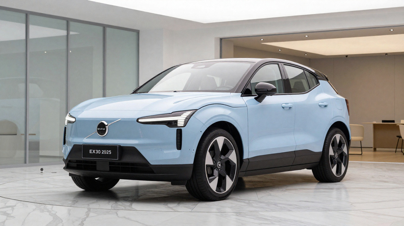 Carro elétrico Volvo EX30 2025 na cor azul claro em ambiente interno moderno com piso de mármore.