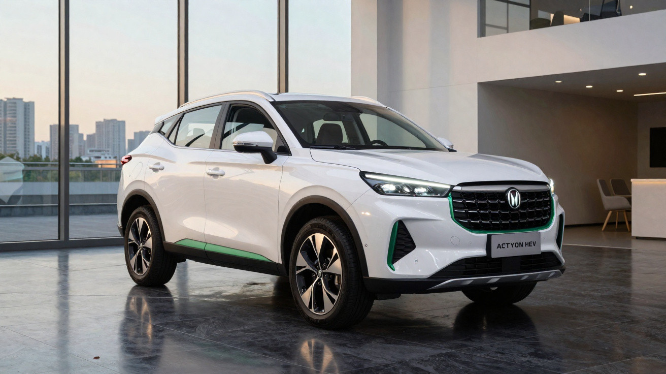 SUV branco estacionado em ambiente interno moderno com grandes janelas e vista urbana ao fundo.