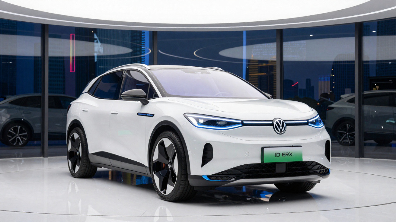 Carro elétrico branco Volkswagen ID. ERX exposto em salão moderno com piso branco brilhante e fundo de vidro.