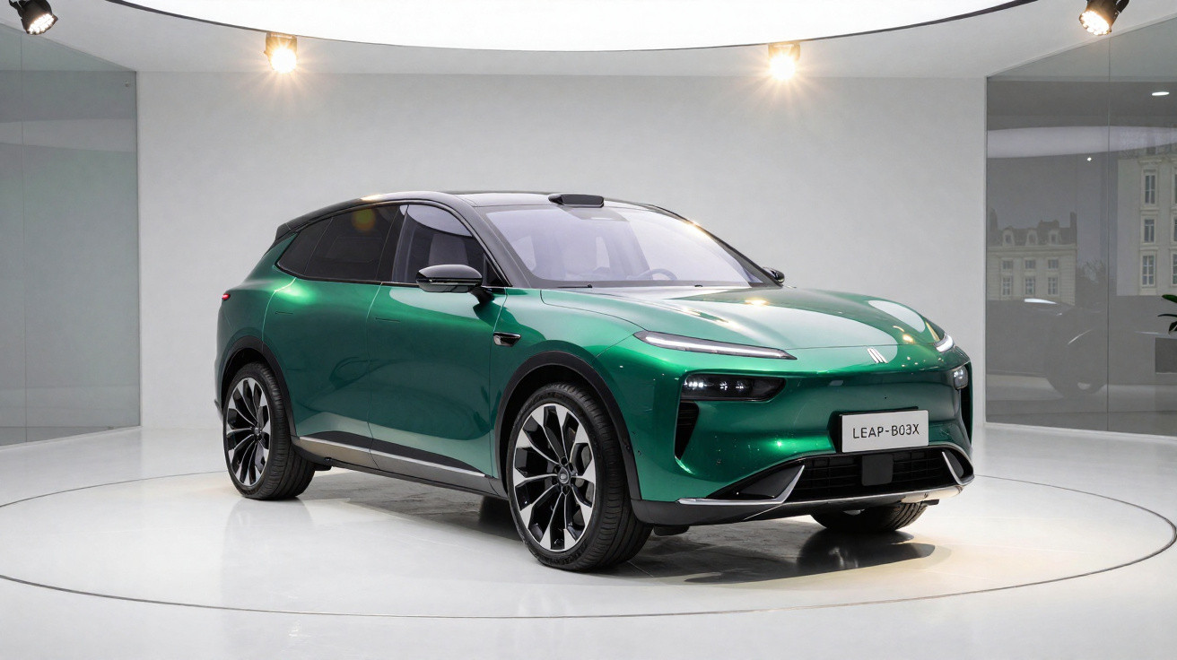 Carro SUV elétrico verde metálico exibido em estúdio moderno com iluminação focada.