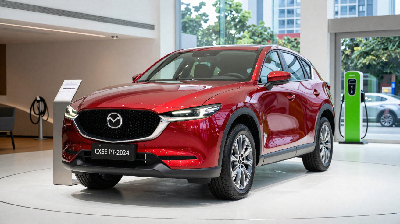 SUV vermelho da Mazda modelo CX-6E PT-2024 exposto em showroom com carregador elétrico ao fundo.