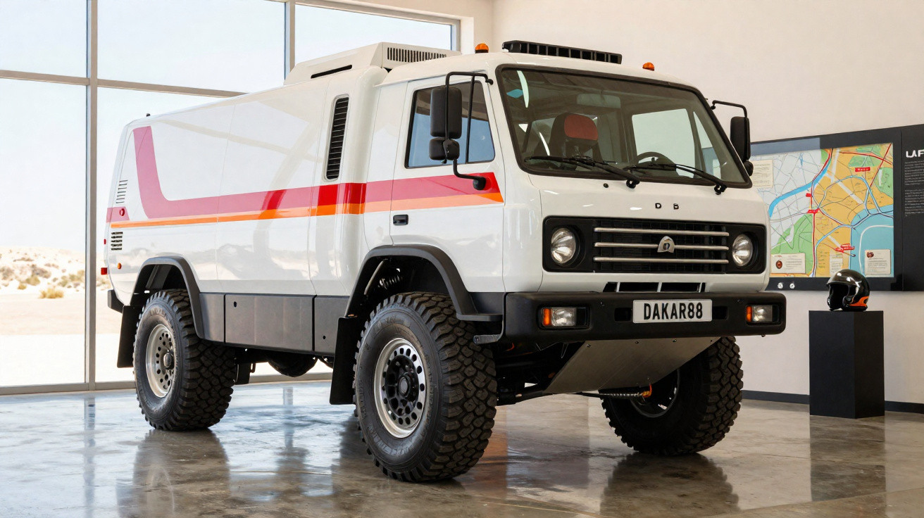 Veículo off-road branco com faixa vermelha e placa DAKAR88 em exposição interna.