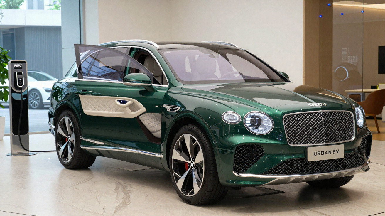 Carro elétrico SUV verde Bentley Urban EV com porta aberta em showroom moderno.