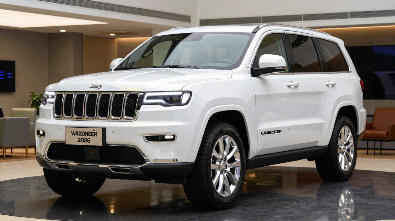 SUV Jeep Wagoneer 2026 branco estacionado em showroom elegante e moderno.