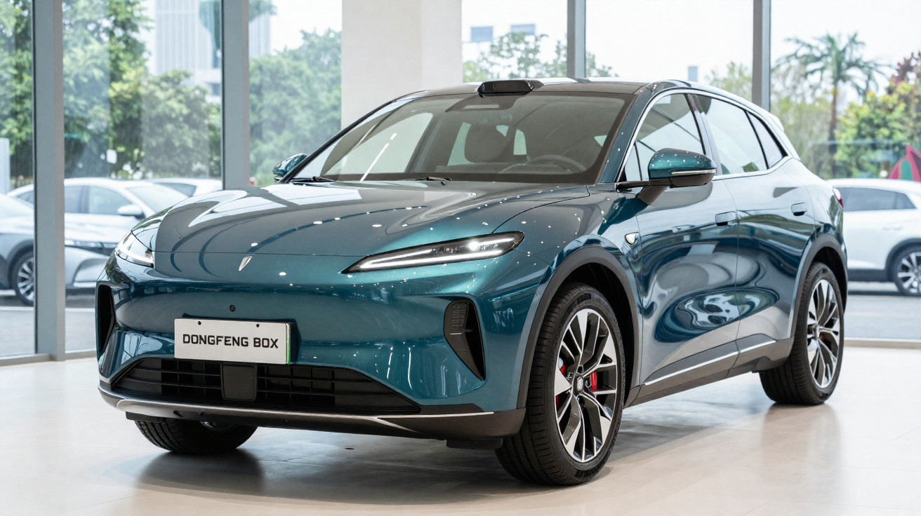 Carro elétrico SUV azul metálico Dongfeng BOX exposto em showroom com vidro ao fundo.