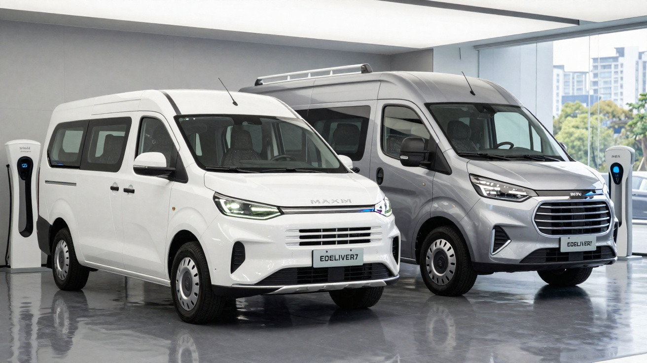 Duas vans elétricas estacionadas em showroom, uma branca e outra prata, próximas a estações de carregamento.