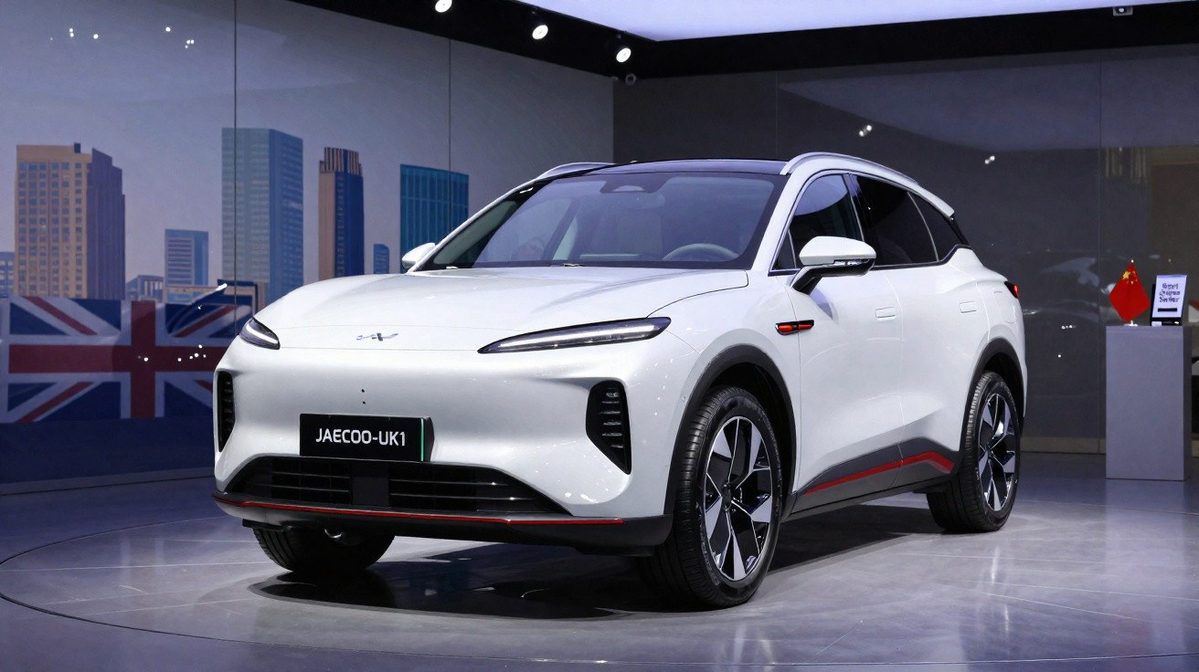 SUV elétrico branco JAECOO-UK1 em exposição em ambiente fechado com fundo de prédios e bandeiras.