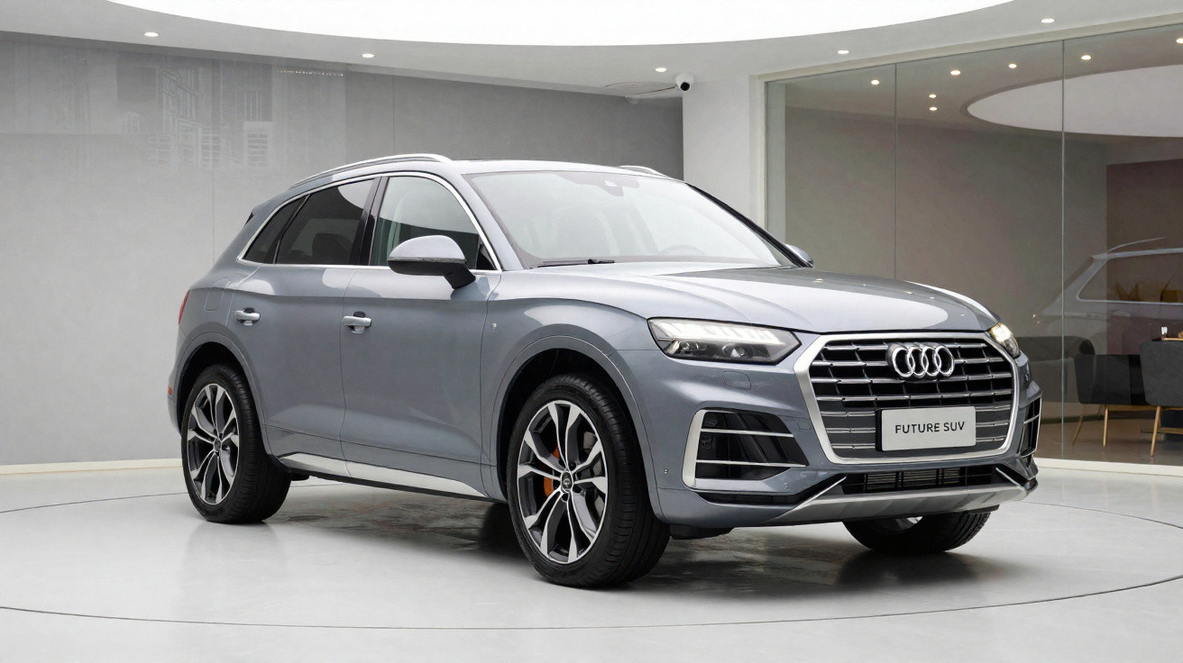 Carro SUV cinza Audi Future SUV exibido em showroom moderno com piso branco e paredes cinza.