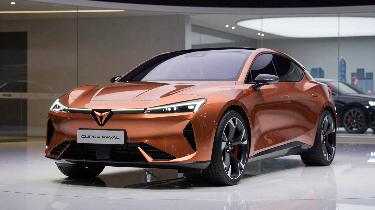 Carro esportivo elétrico Cupra Raval com design moderno e acabamento na cor cobre exposto em showroom.