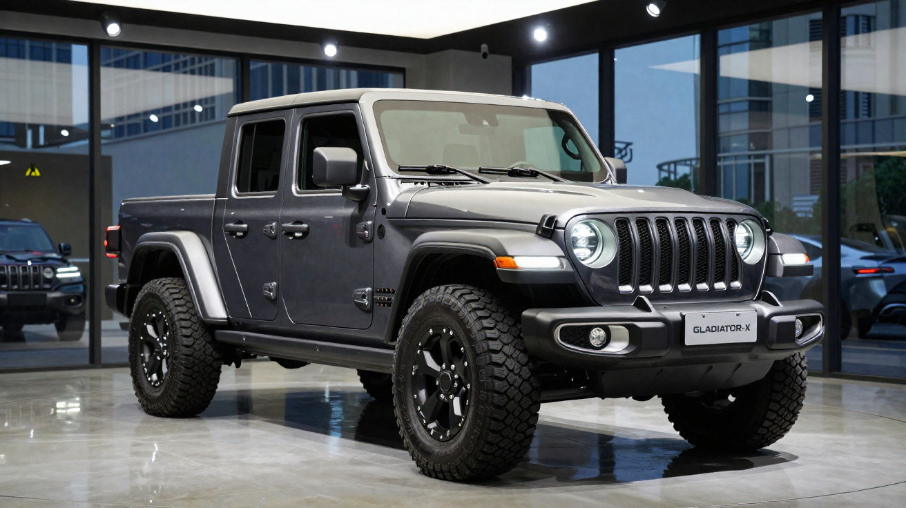 Picape Jeep Gladiator X preta exibida em showroom moderno com piso refletivo e paredes de vidro.