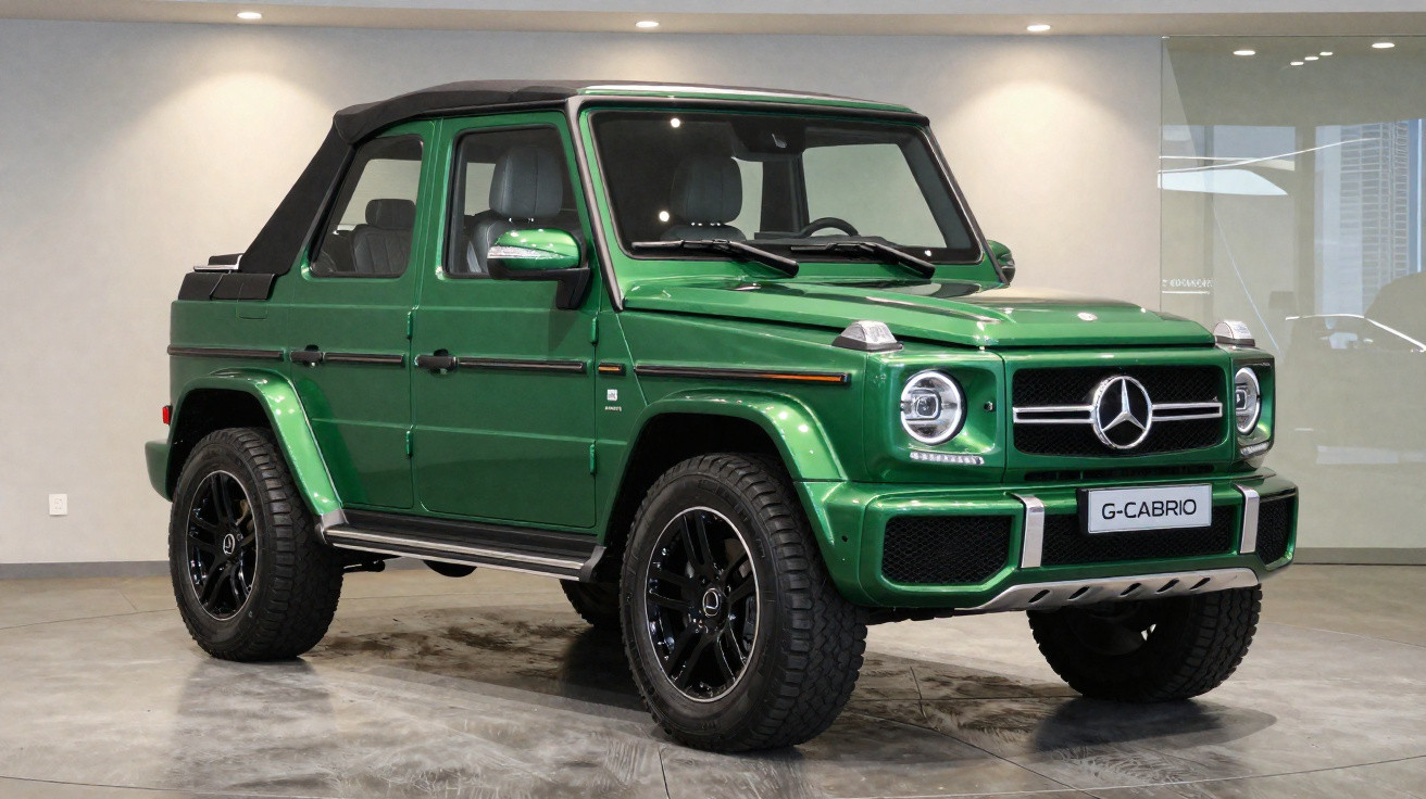 Carro Mercedes-Benz G-Cabrio verde exposto em salão com teto conversível e rodas pretas robustas.