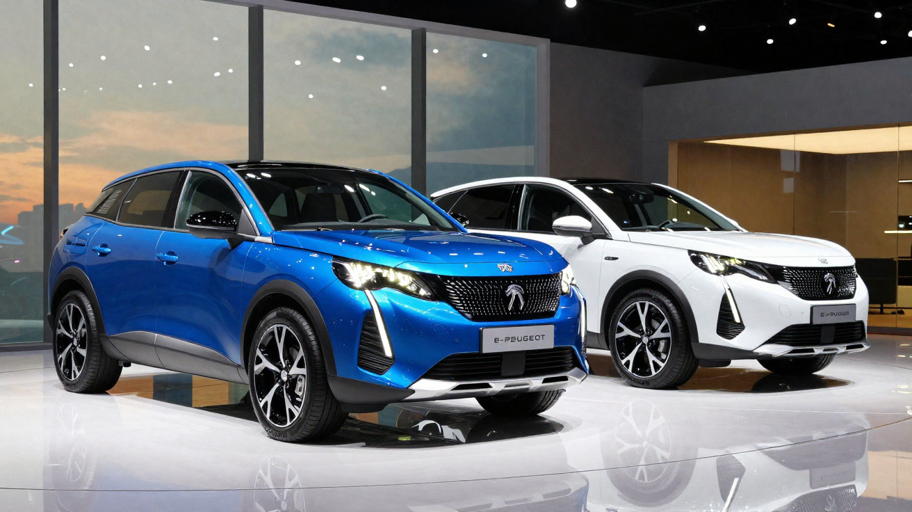 Dois carros SUV Peugeot, um azul e um branco, exibidos em salão de automóveis moderno.
