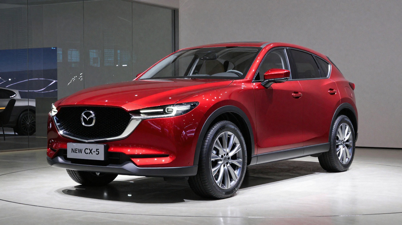 Carro Mazda CX-5 vermelho brilhante em exposição, vista frontal e lateral direita em ambiente interno moderno.