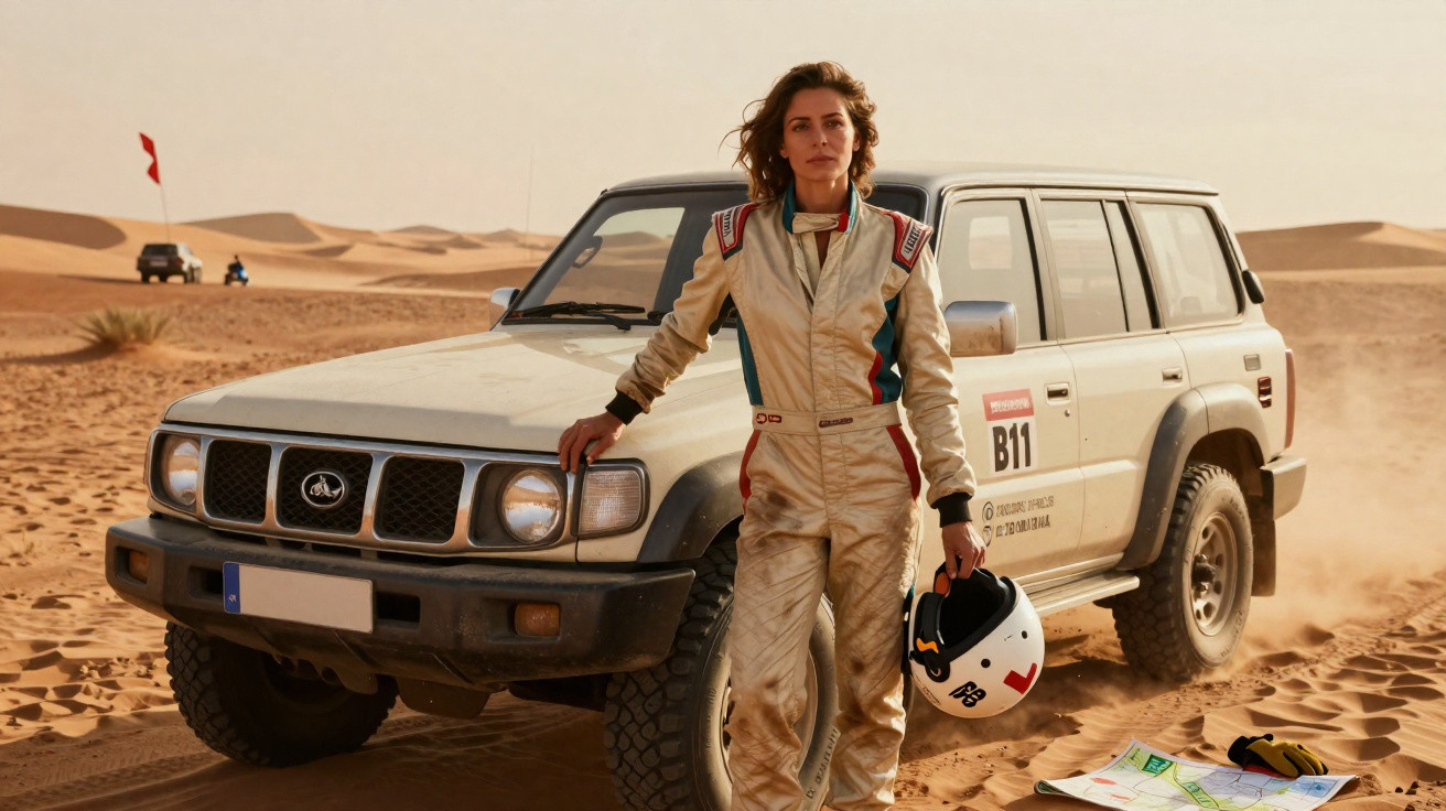 Mulher de macacão de corrida posa ao lado de carro off-road branco no deserto com capacete e mapa no chão.