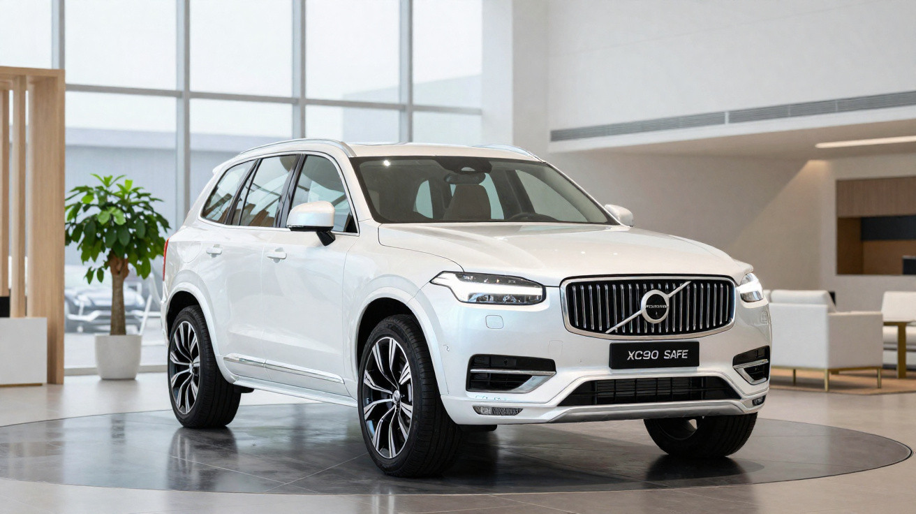 Volvo XC90 branco estacionado em showroom moderno com pisos de mármore e iluminação natural.