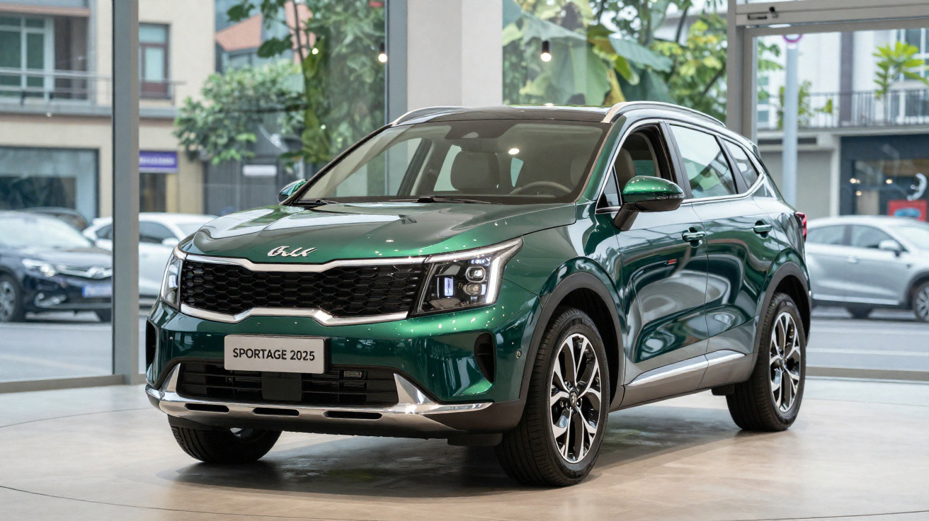 Carro SUV verde metalizado Kia Sportage 2025 em exposição dentro de showroom urbano.