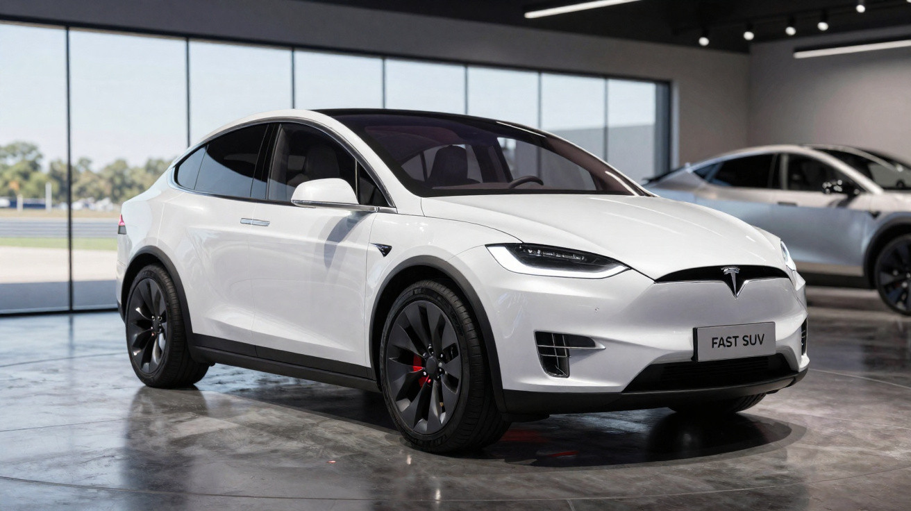 Carro elétrico SUV Tesla branco estacionado em ambiente interno com piso de concreto polido.