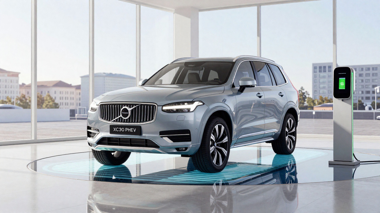 Carro SUV Volvo XC30 PHEV prata estacionado em estúdio moderno com estação de recarga elétrica ao lado.