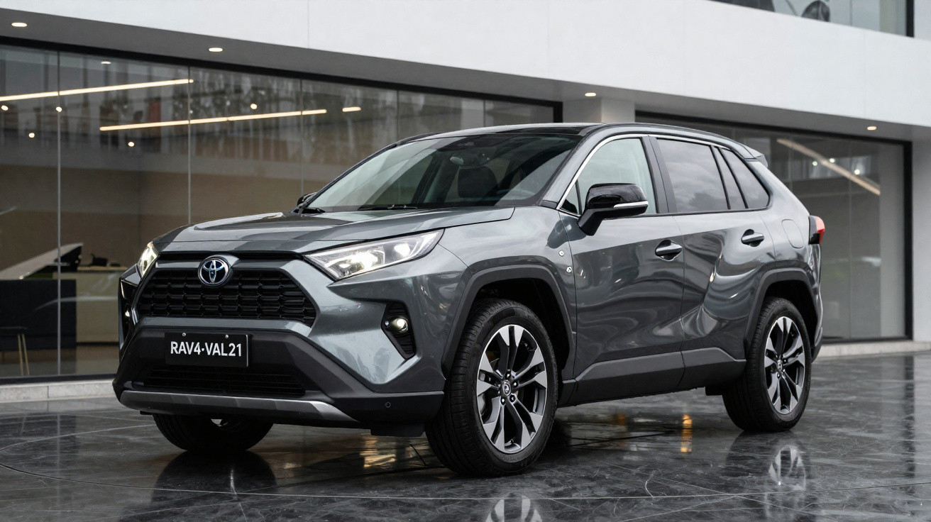 SUV Toyota RAV4 cinza estacionado em área urbana com fachada de vidro ao fundo.