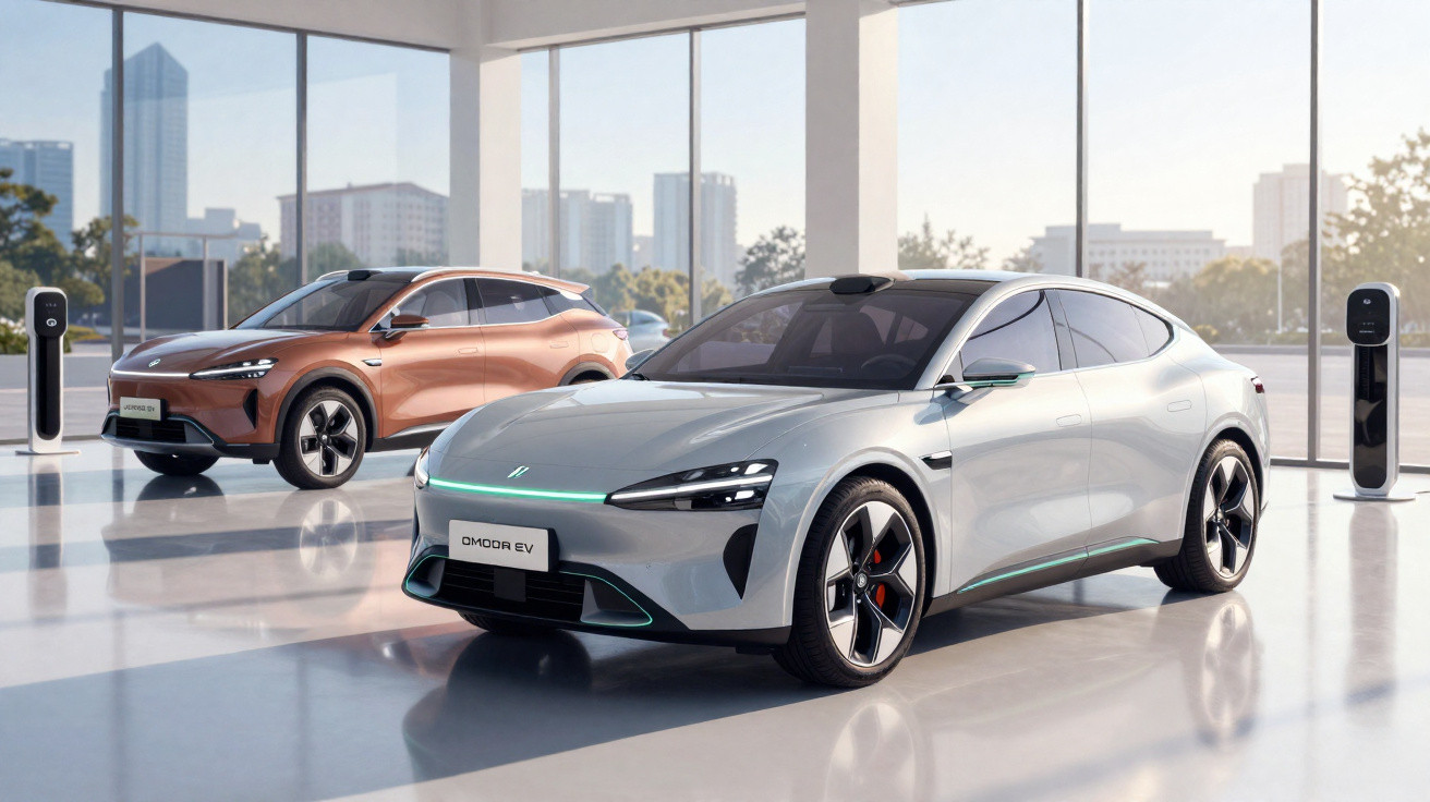 Dois carros elétricos modernos estacionados em showroom com janelas grandes e vista para a cidade.