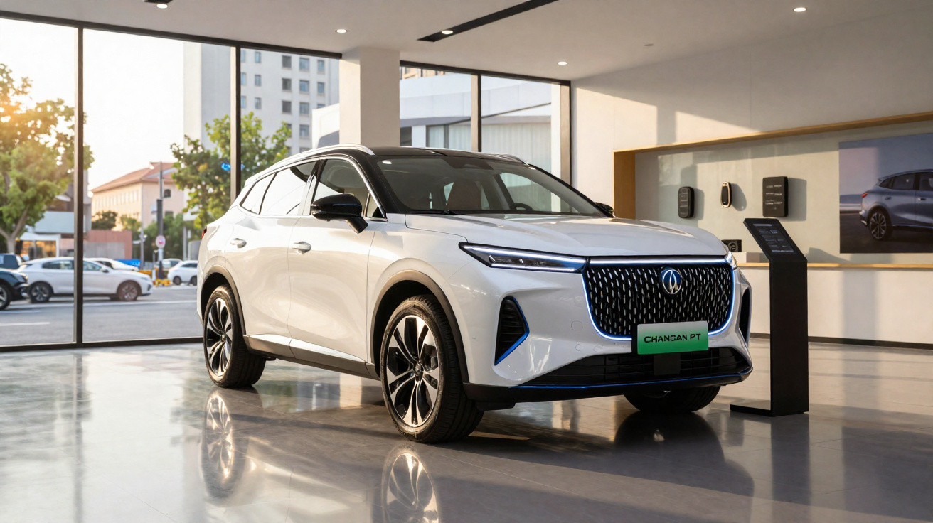 SUV branco Changan exposto em showroom moderno com piso espelhado e grandes janelas de vidro.
