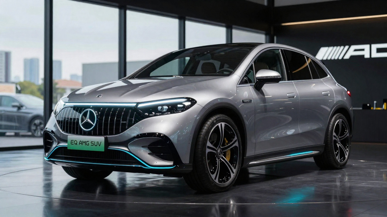 SUV elétrico Mercedes-Benz EQ AMG na cor prata exibido em showroom moderno com iluminação ambiente escura.