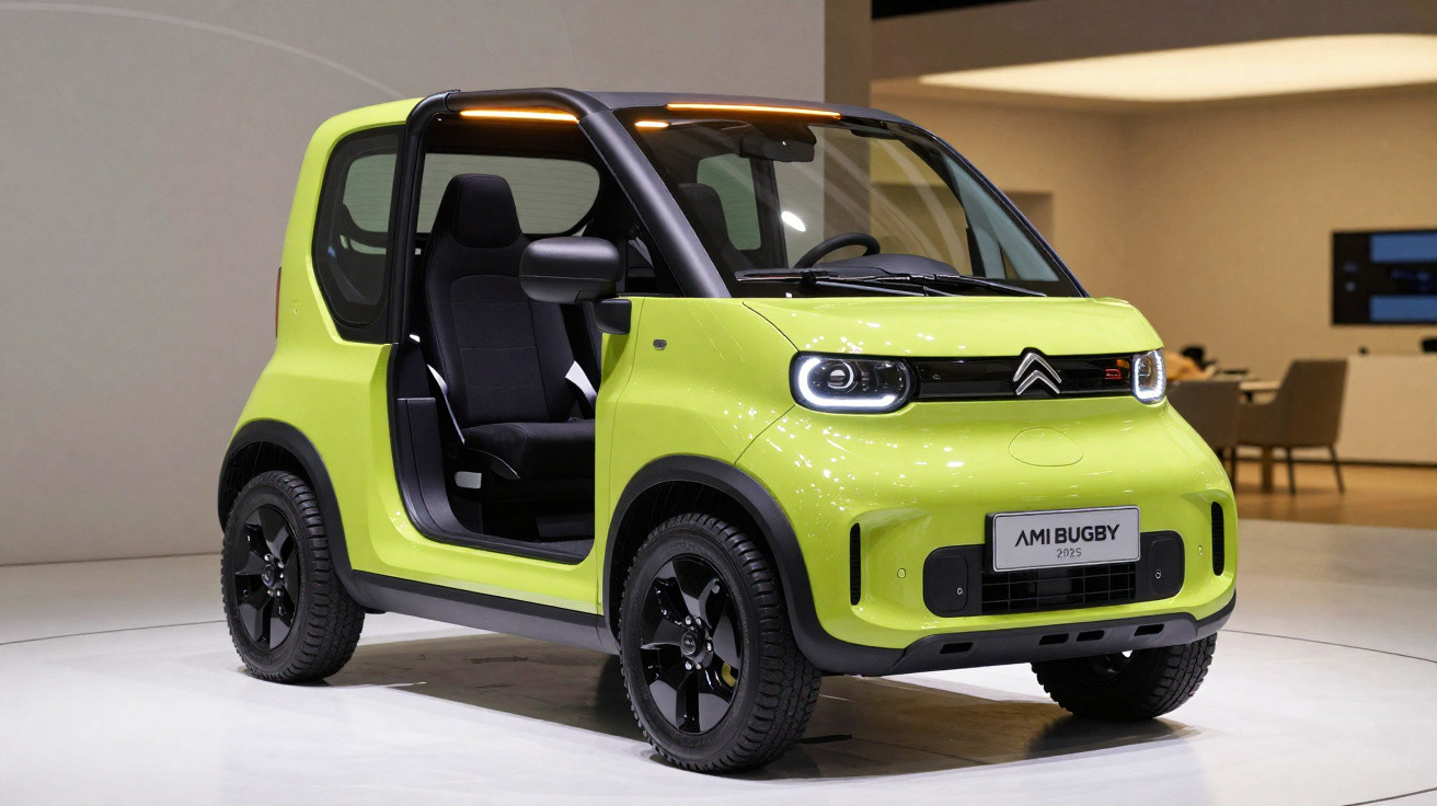 Carro elétrico Citroën Ami Buggy 2023 verde com portas abertas em exposição interna.