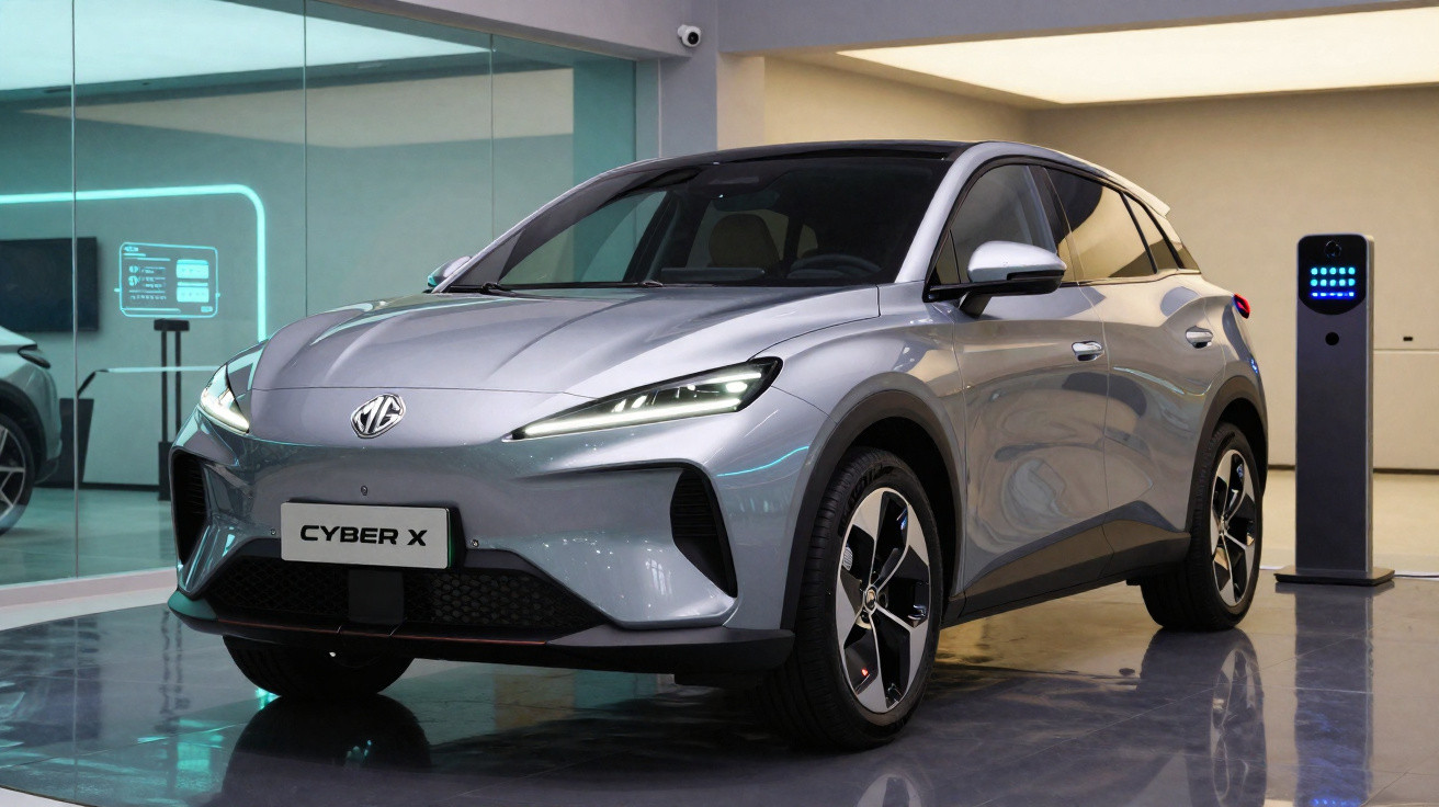 Carro elétrico prata MG Cyber X estacionado em ambiente interno com carregador ao fundo.