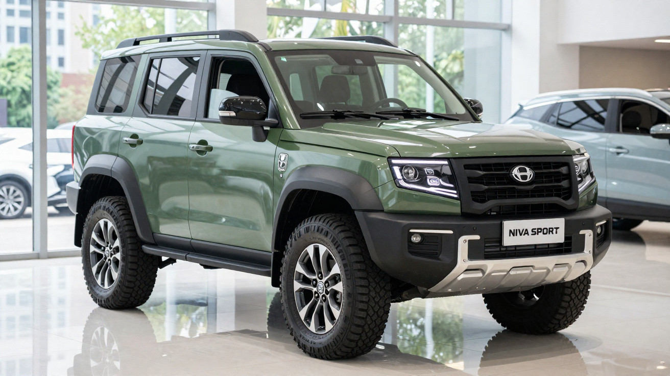 SUV verde Niva Sport estacionado em showroom com pneus robustos e design moderno.