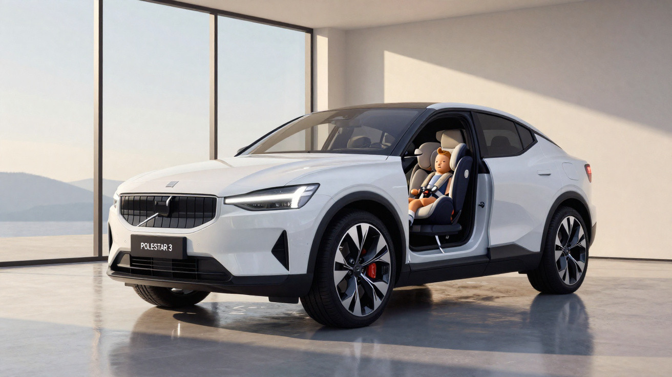 Carro elétrico branco Polestar 3 com cadeira infantil e boneca no banco traseiro visível pela porta aberta.
