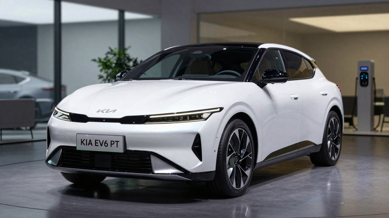 Carro elétrico branco Kia EV6 PT estacionado em ambiente interno moderno.