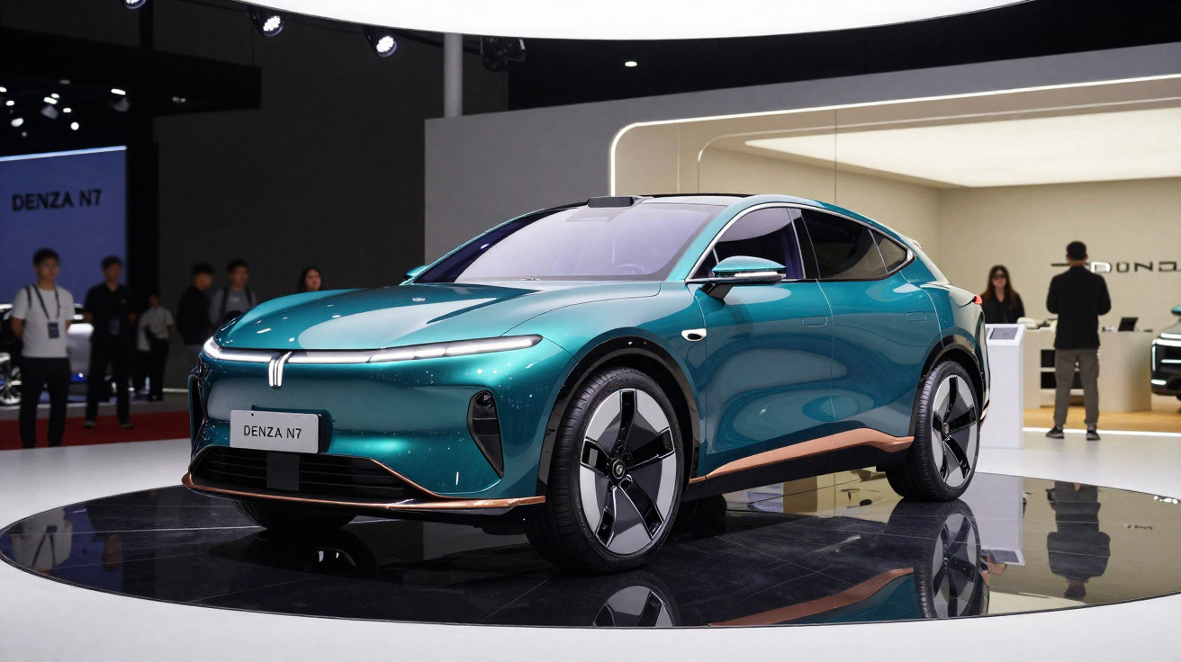 Carro elétrico verde Denza N7 exposto em salão automotivo com pessoas ao fundo.
